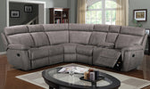 Grey modular sofa addition with storage and cup holders.