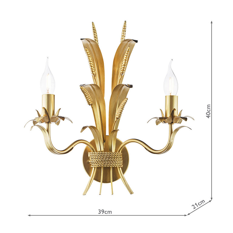 Phaedra 2 Light Wall Light Gold with Hand-Applied Italian Wheatsheaf Design for Elegant Home Decor