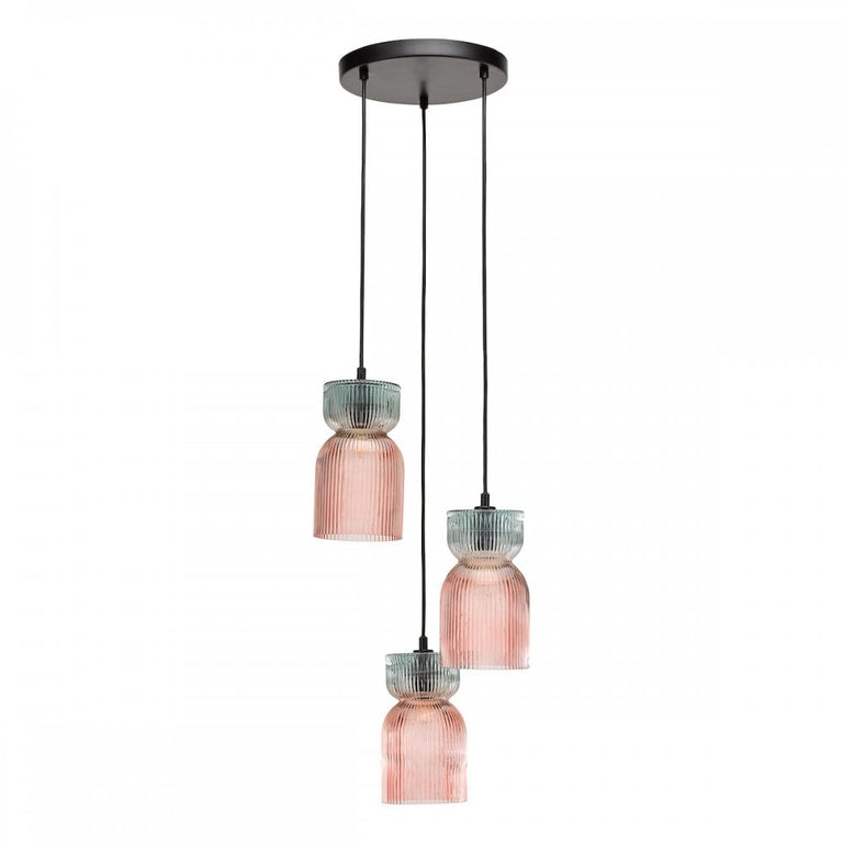Rhubarb 3 Light Cluster Pendant Pink and Green Ribbed Glass