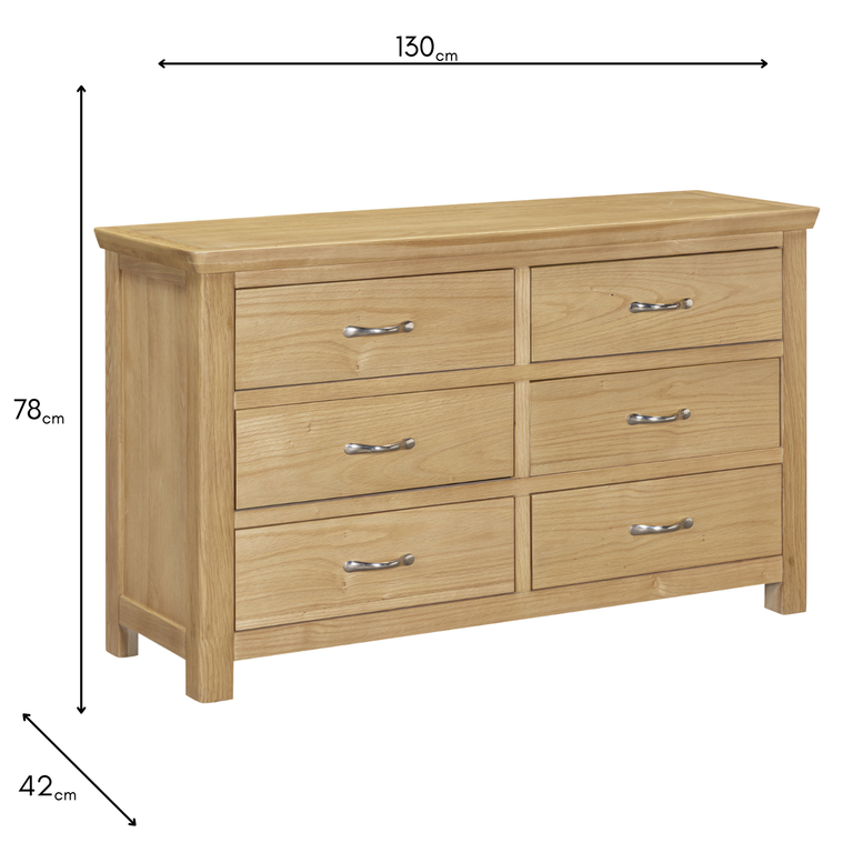 Riverdale Oak Large 6 Drawer Chest - Large Bedroom Storage Unit
