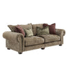 Three seater couch featuring fabric upholstery and decorative scatter cushions