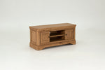 Elegant wood TV stand with distressed handles