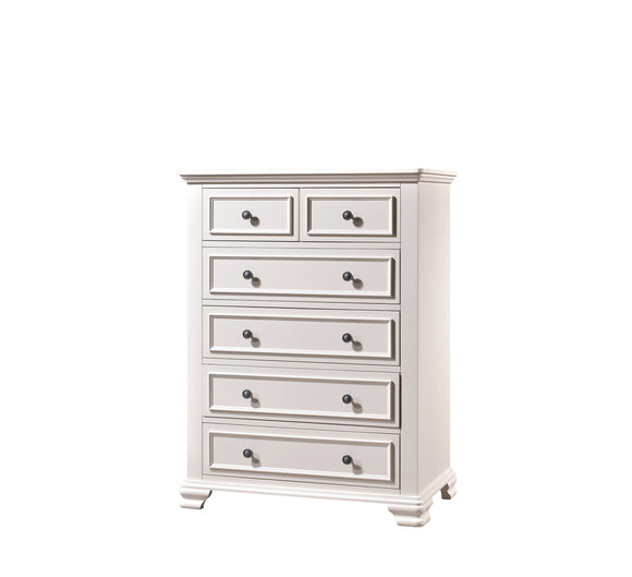 Solitude Chest of Drawers: Cream Wood Finish with Carved Accents.