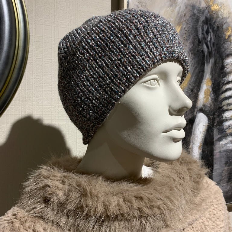 Sparkling Grey Knitted Hat – Warm Winter Hat with Sequins
