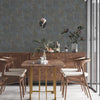 "Blue & gold wallpaper with a distressed design"
