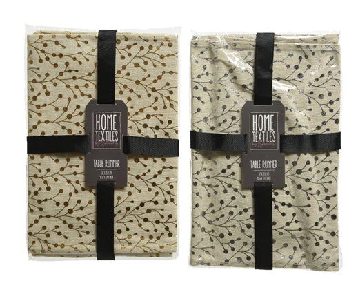 Xmas table runner cream polyester linen with foil berry design