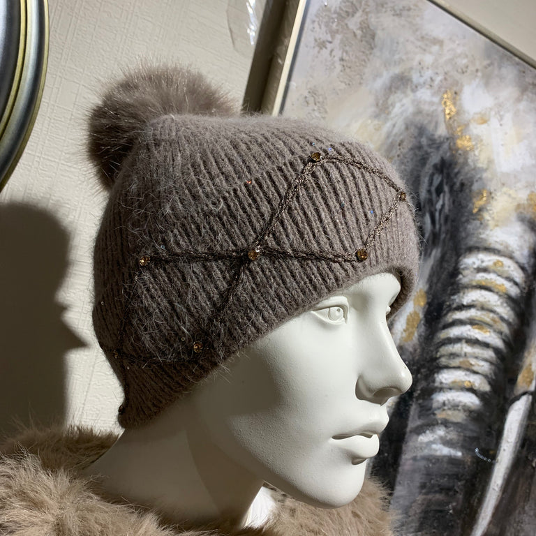 Taupe Knitted Hat with Faux Fur Pompon – Warm Hats & Gift for Her