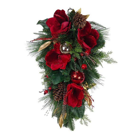 Elegance Teardrop Swag Deep Red Flowers And Baubles - Perfect for Christmas time
