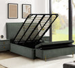 Elegant double bed with storage and green fabric.
