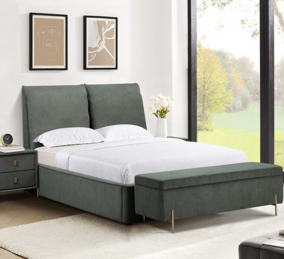 Soft green double bed frame for stylish bedrooms.
