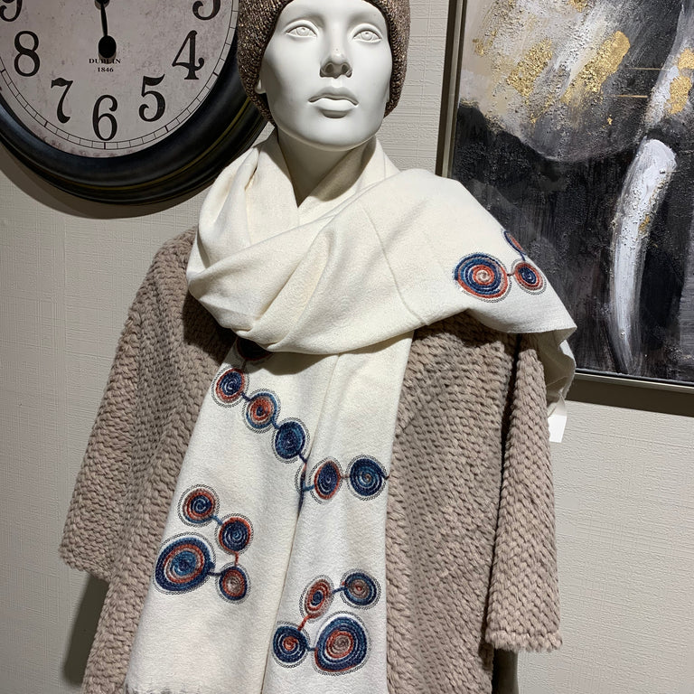 White Embroidered Scarf – Soft Fringe Gift for Her