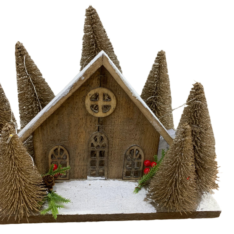 Wooden House with Light Up Trees