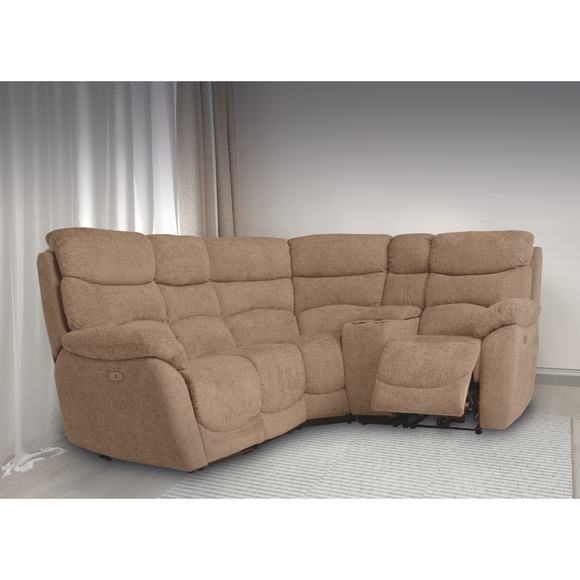 Stylish fabric sofa for corner spaces – Yvette Corner Sofa Recliner With Console Sand
