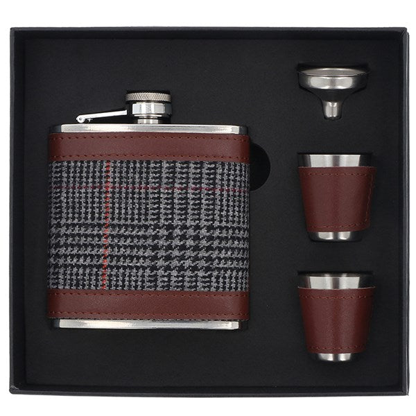 Hip Flask 2 Cups Set Brown Tweed 6oz – Gift Set