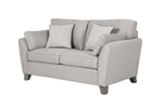 Small 2 seater sofa in grey with decorative accent cushions.