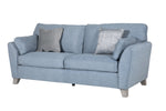 Three seater couch in a soothing blue hue with contrasting accents.