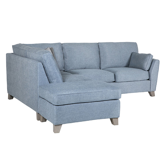Blue LHF corner sofa with wooden frame