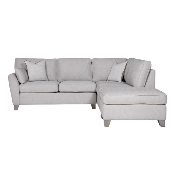 Grey RHF corner sofa with wooden frame