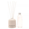 engaged reed diffuser and scented oil on white background