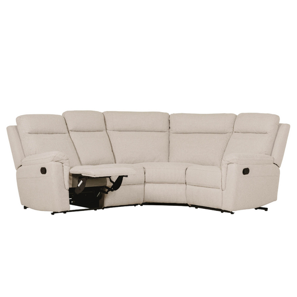 Beige Bowie corner sofa with manual recliner for comfortable lounging.
