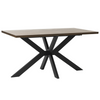 Table with wooden top and black metal legs on a white background
