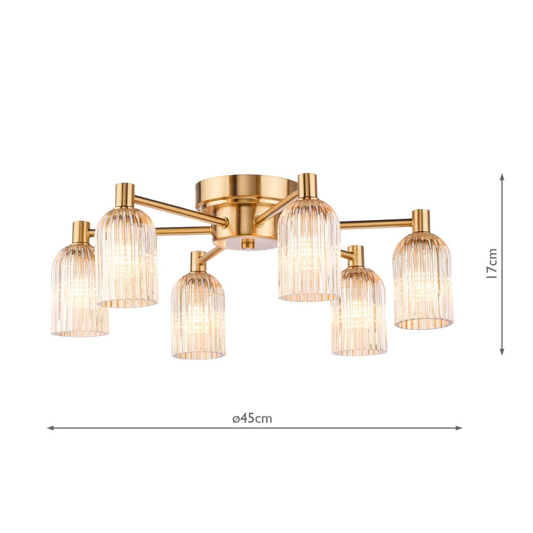 Hilaria 6 Light Flush Ceiling Light Antique Gold with Amber Glass