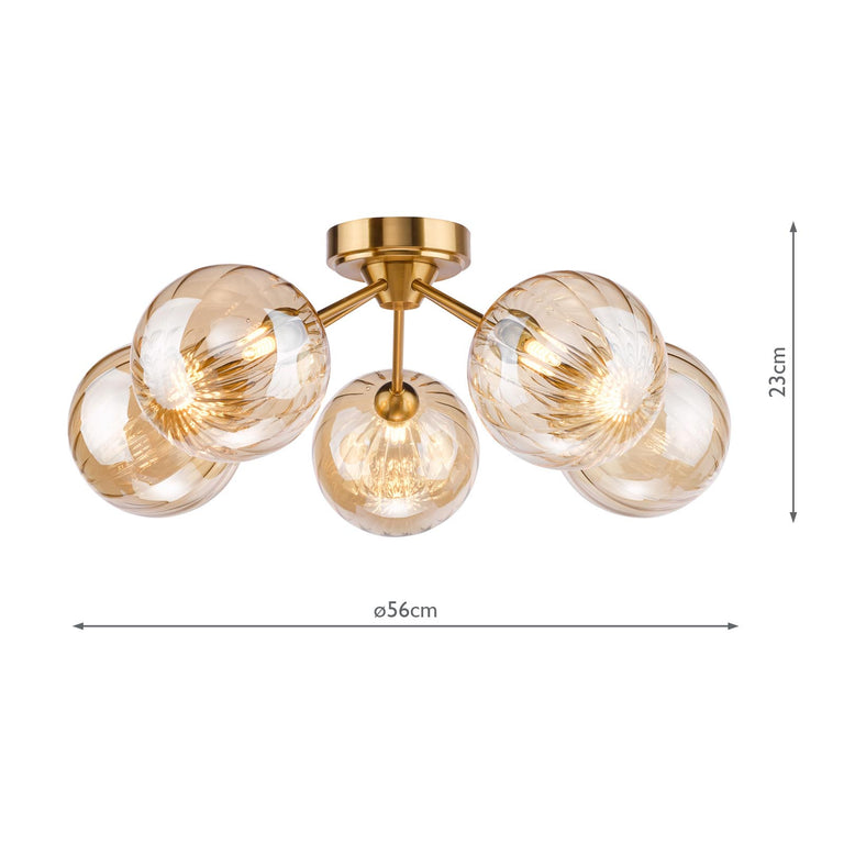Liora 5 Light Semi Flush Antique Gold with Amber Ribbed Glass