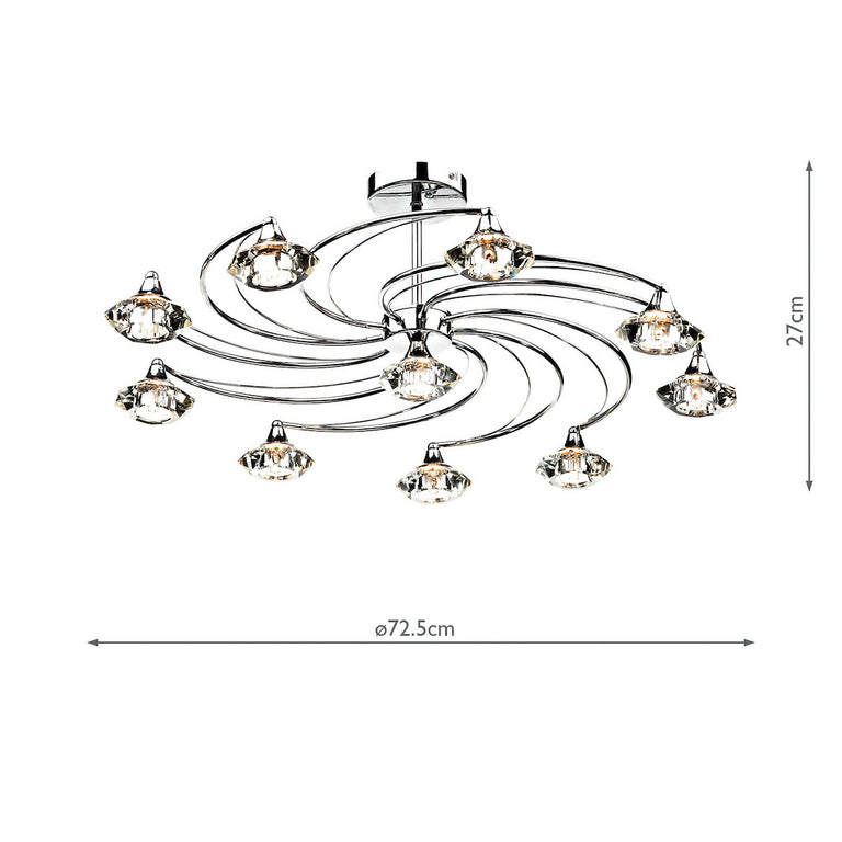 Luther 10 Light Semi-Flush Polished Chrome Ceiling Fitting LIght with Crystal Glass Shades