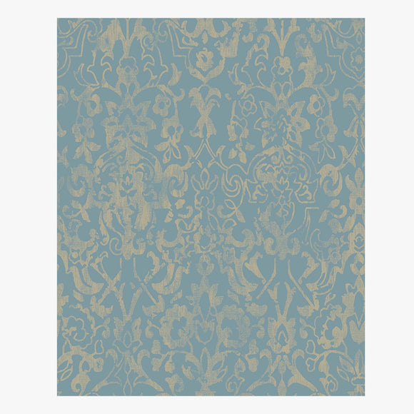 Majestic Damask Blue wallpaper with luxurious gold damask pattern