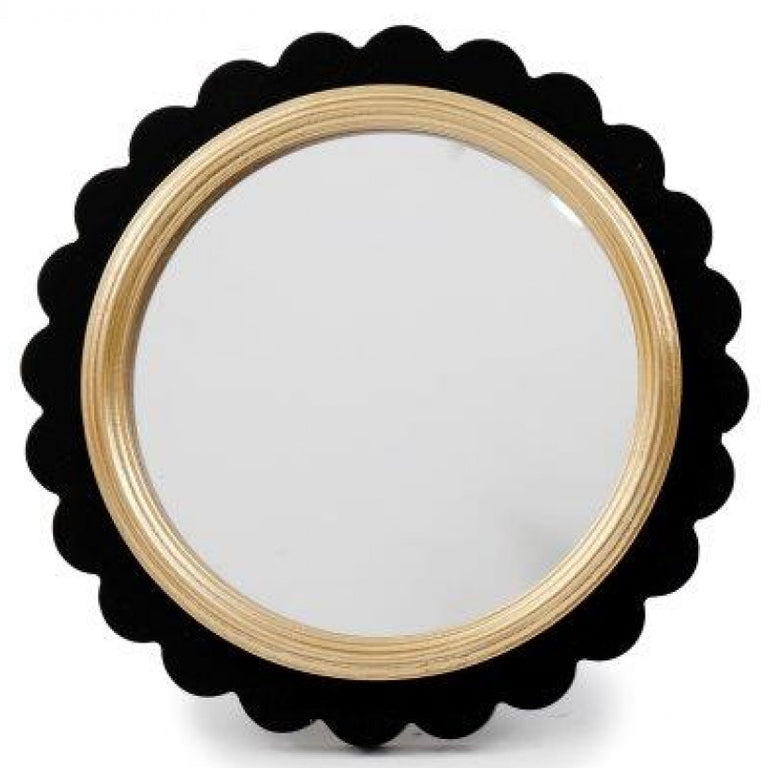 Neutral Stripe Wavy Edge Round Mirror - Elegant Black Wood Frame Decorative Mirror for Home Interiors