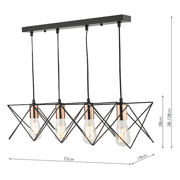 Midi 4 Light Bar Pendant Matt Black and Polished Copper Hanging Ceiling Light