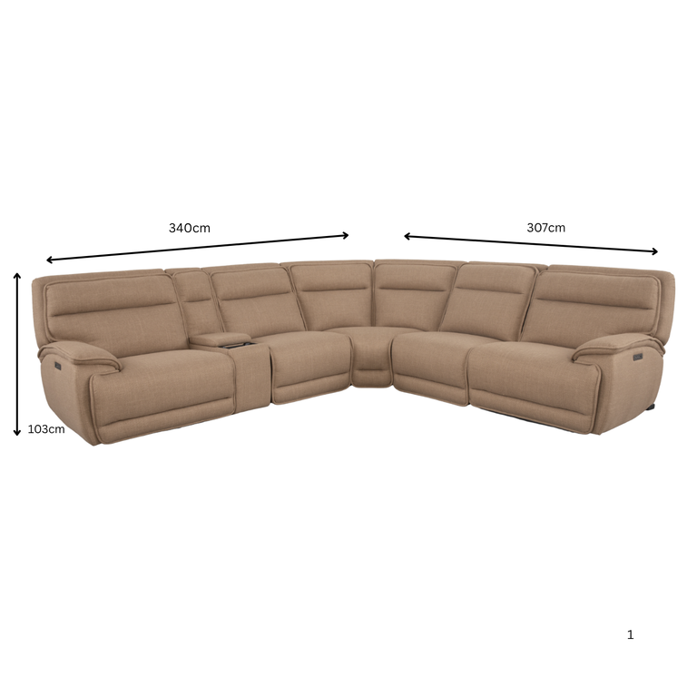 Louise Fabric Corner Sofa with Electric Recliners, USB Charging & Optional Console Unit