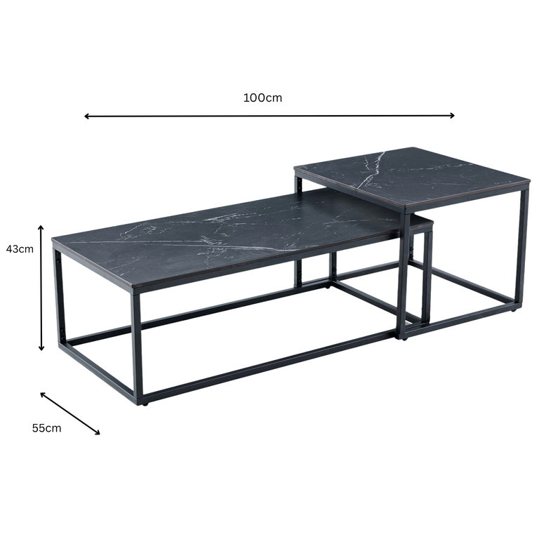 Cody Nest of Coffee Tables Black with Sintered Stone Top – Set of 2 Living Room Tables