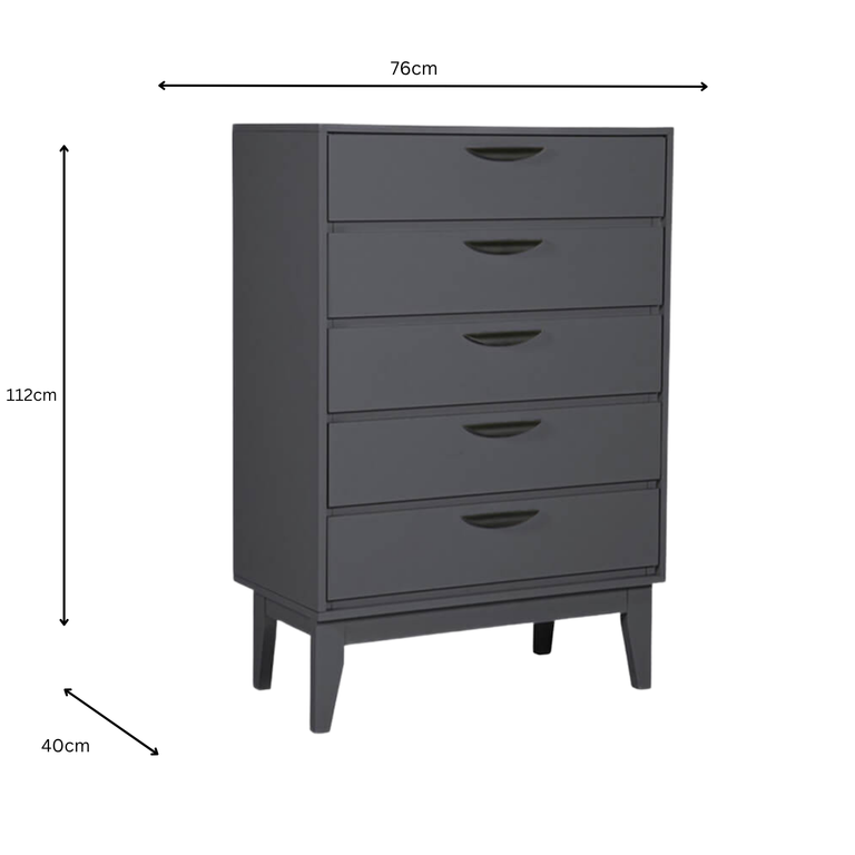 Luna Chest of Drawer Tall Dark Grey – Modern Wooden 5 Drawer Bedroom Furniture Storage Unit