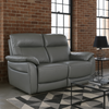 Gray leather sofa in a room with brick walls and large windows.