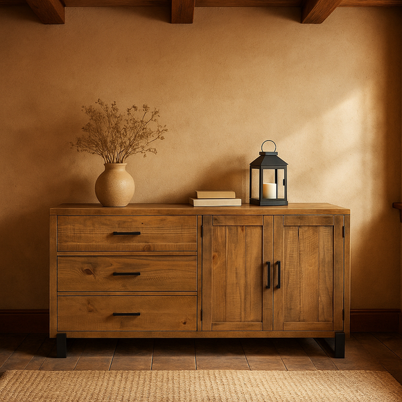 Wooden sideboard in a rustic room