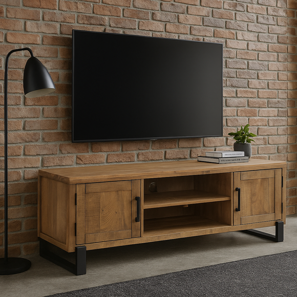 Wooden TV stand with a television mounted on a brick wall in a room with a window and plant.