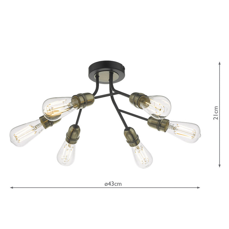 Remy 6 Light Semi-Flush Matt Black and Antique Brass