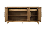 A frontal view of the Solstice Sideboard, with its doors open, highlighting the well-organized interior and adjustable shelves.