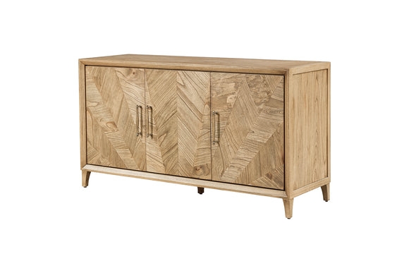 The Solstice Sideboard showcased from a semi side view, revealing its sleek design and spacious storage compartments.