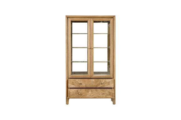 A beautifully designed glass display cabinet, showcasing its elegant exterior and closed doors.
