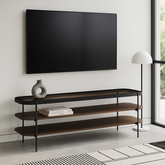 Modern living room with a TV mounted on the wall above a wooden TV stand.