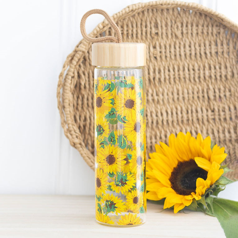 Sunflower Print Glass Water Bottle 600ml with Bamboo Lid – Reusable Bottles and Flasks for Summer Hydration