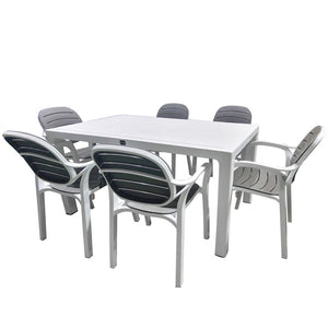 Transform your outdoor space with this stunning 6 Seater Garden Dining Set in wood effect white and anthracite. The set includes a spacious table and six comfortable chairs, combining style and functionality for your outdoor gatherings.