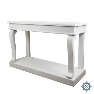 Introducing the Scroll Console Table in elegant ivory, a masterpiece of design that seamlessly merges vintage charm with modern functionality.