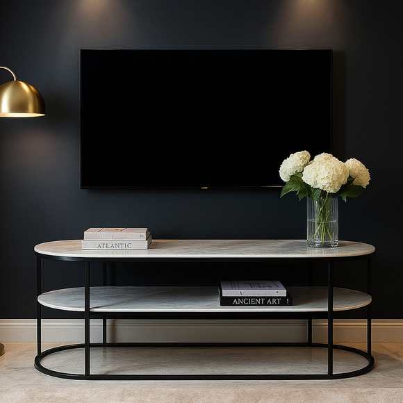 A luxury contemporary living room with a Tribeca TV Unit in grey