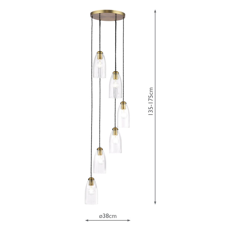 Valora 6 Light Cluster Pendant Antique Bronze with Ribbed Glass