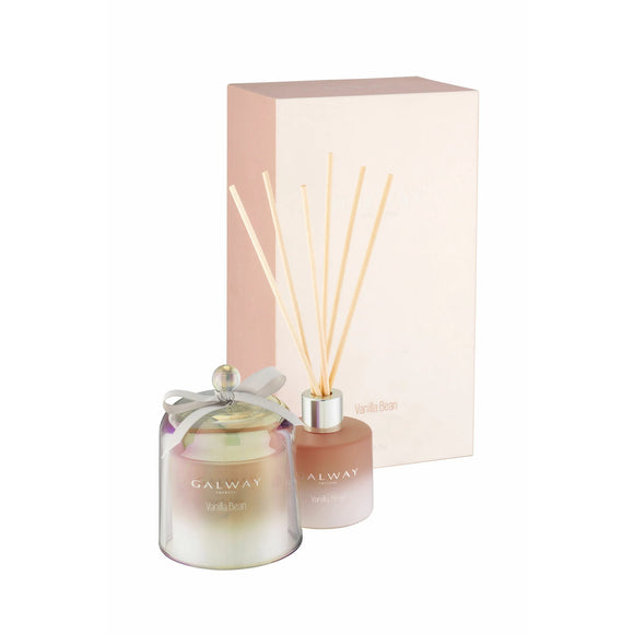 An image showcasing the Galway Crystal Vanilla Bean Candle and Diffuser Set, featuring a beautifully designed diffuser jar and a vanilla-scented candle, creating a harmonious blend of fragrance and ambiance for your space.