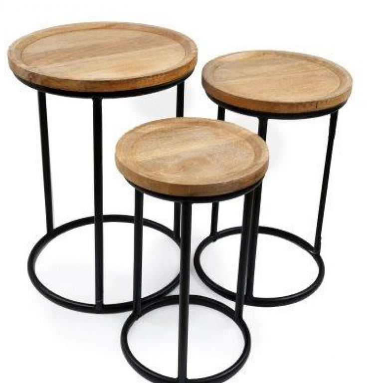 Round Mango Top Nest of Tables Set, Compact Wooden Nest of Tables for Living Room, Space-Saving Design