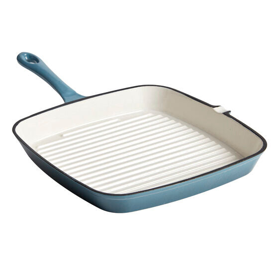 A visual representation of the Cast Iron Grill Pan Blue 23cm, showcasing its vibrant blue color and ridged surface for perfect grill marks.